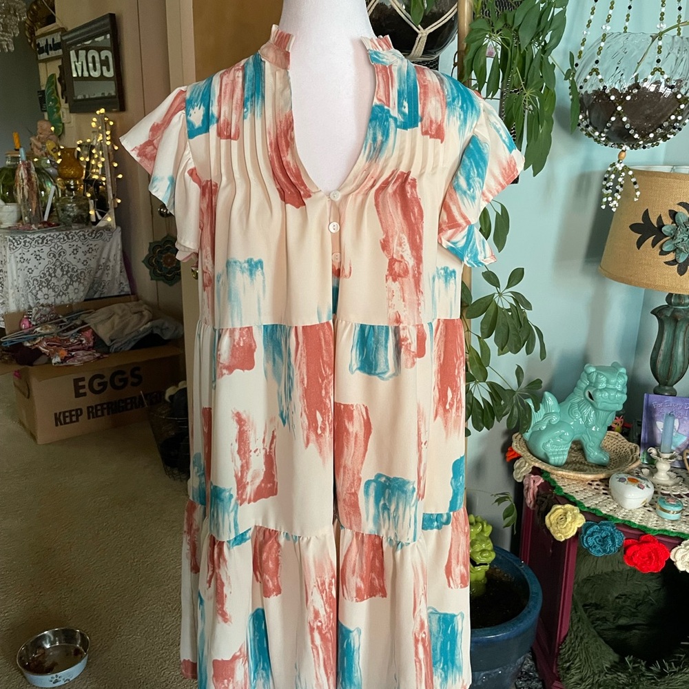 Source Unknown Cream Midi Dress with Coral and Teal Brushstroke Print